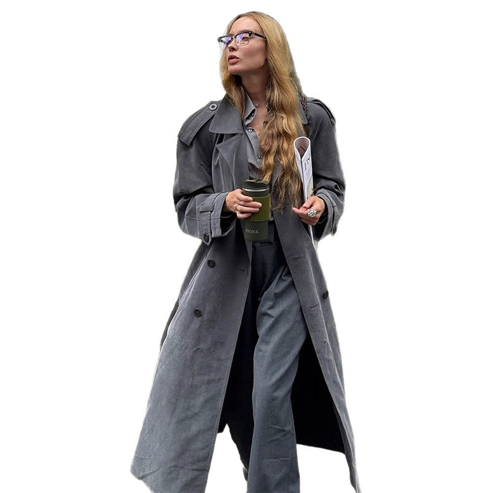 Damen Maxilanger Oversize-Trenchcoat aus softem Velours mit Schulterpatten und doppelreihiger Knopfleiste Drune