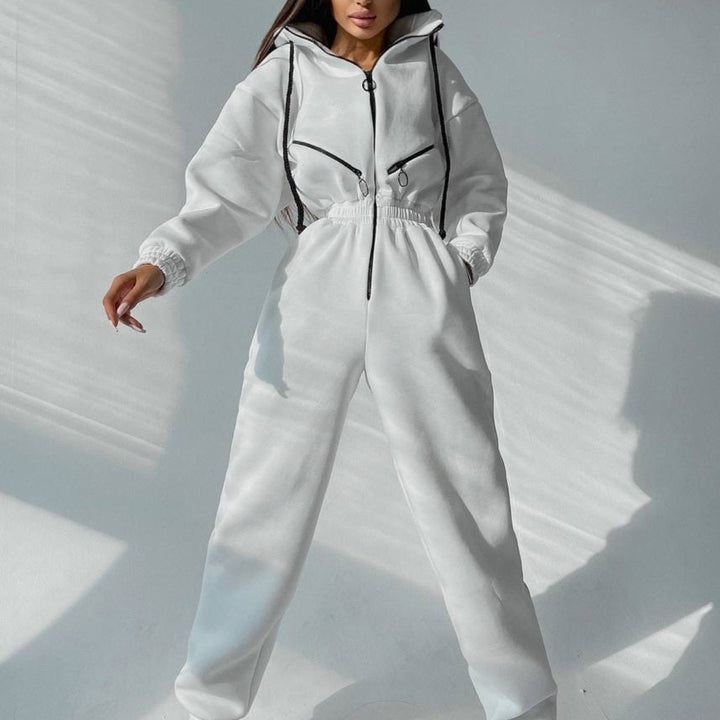 Damen taillierter Kapuzen-Jumpsuit mit elastischem Bund und markanten Kontrast-Reißverschlüssen Drune