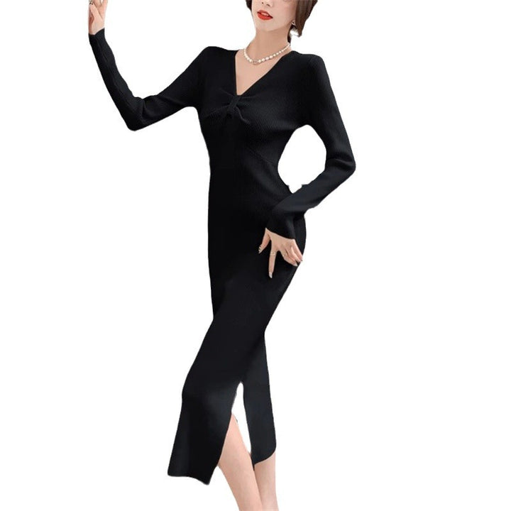 Damen Strickkleid mit tiefem V-Ausschnitt und seitlichem Schlitz Drune