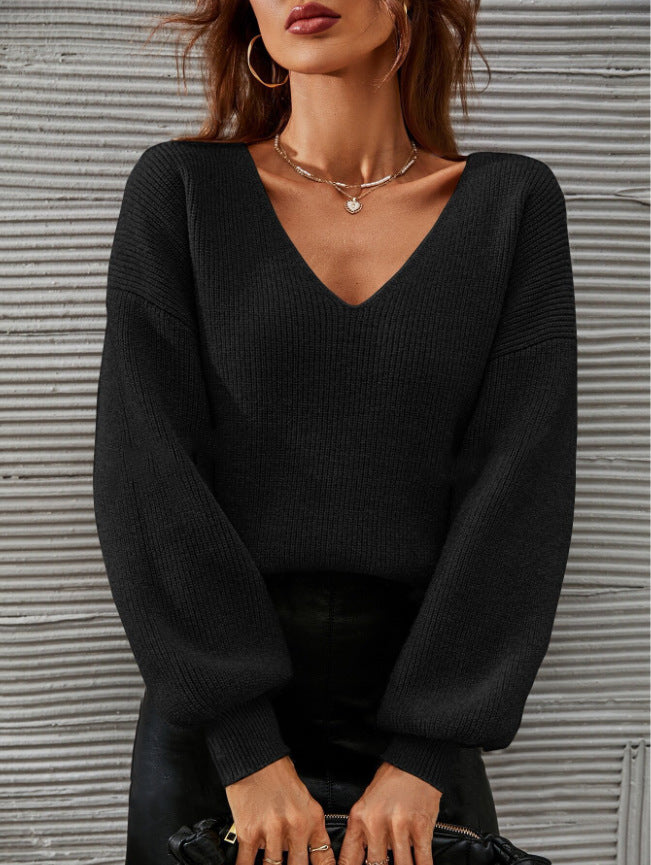 Damen V-Ausschnitt Pullover mit lässiger Passform und modischen Ballonärmeln Drune