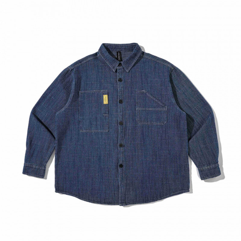 Unisex Kastenförmiges Denim-Overshirt im Worker-Look mit aufgesetzten Taschen und gerundetem Saum Drune
