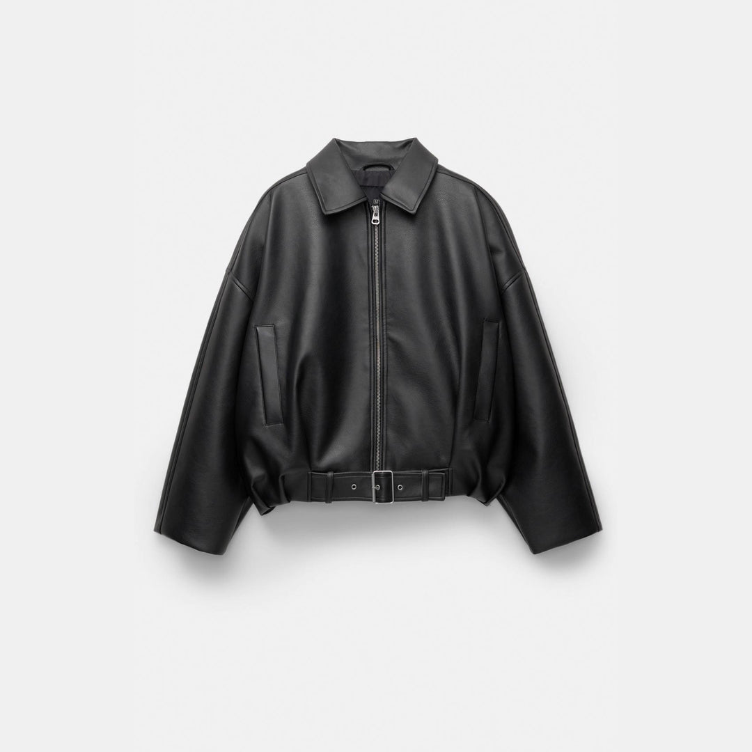 Damen lässige Kunstlederjacke mit breitem Kragen und Gürtel Drune