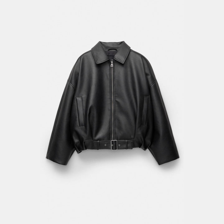Damen lässige Kunstlederjacke mit breitem Kragen und Gürtel Drune