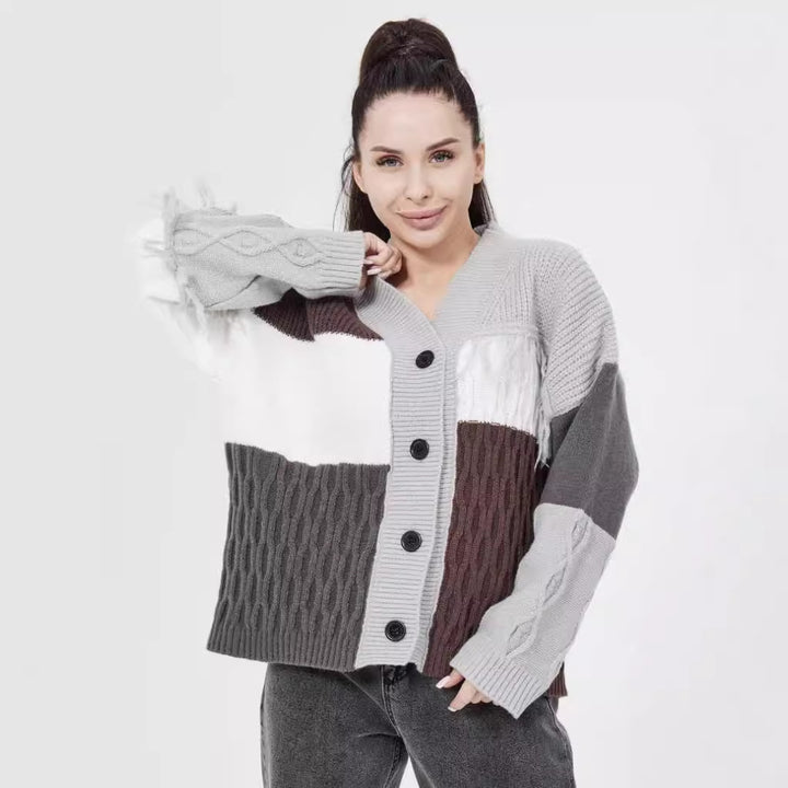 Damen grob gestrickter Cardigan mit modischem Farbblockdesign und Knopfleiste Drune