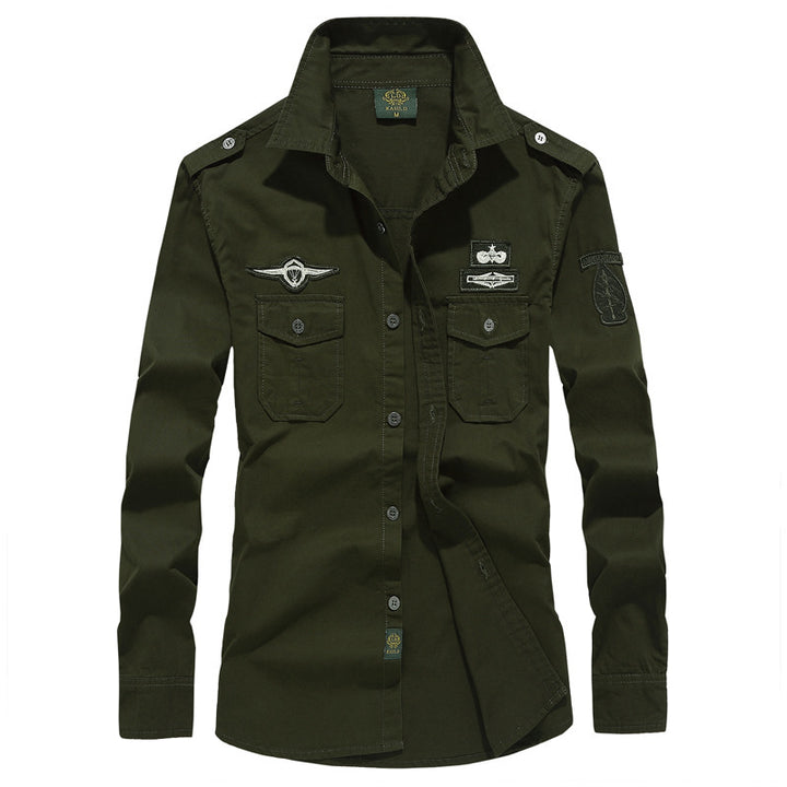 Herren nan militärisch inspiriertes Langarm-Utility-Hemd mit Schulterklappen, aufgesetzten Brusttaschen und Abzeichen Drune