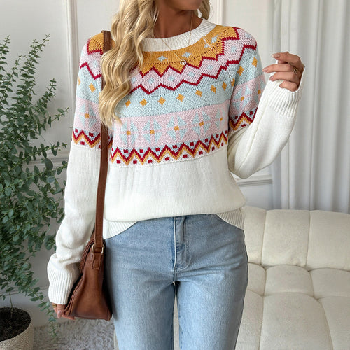Damen Gemusterter Strickpullover mit Rundhalsausschnitt und Fair-Isle-Motiv Drune