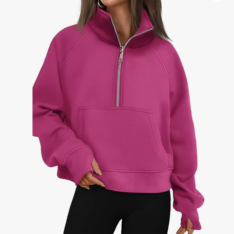 Damen nan oversized Halbzip Pullover mit Kängurutasche, Daumenlöchern und hohem Kragen Drune