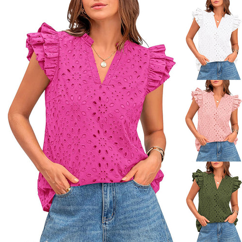 Damen Bluse mit Rüschenärmel und floralem Lochmuster Drune