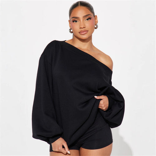 Damen oversized Sweatshirt mit asymmetrischem Ausschnitt und ballonförmigen Ärmeln Drune