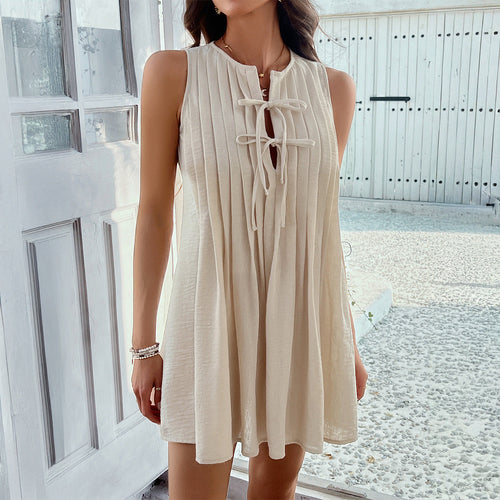 Damen Ärmelloses Sommerkleid mit Plisseefalten und dekorativem Schlüssel-Ausschnitt Drune