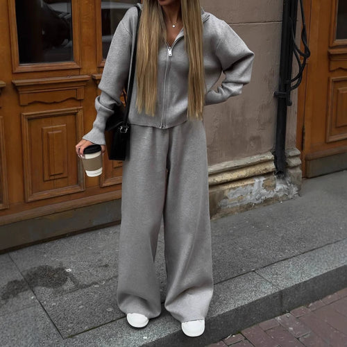Damen Feinstrick-Zweiteiler mit taillierter Zip-Kapuzenjacke und weiten High‑Waist Kordelhose Drune
