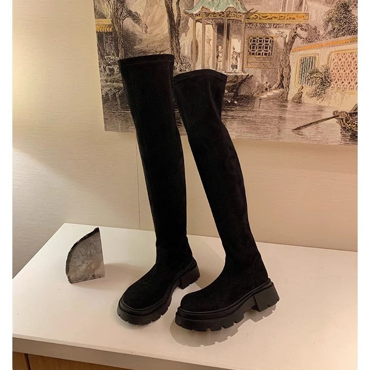 Damen Wadenhohe Veloursleder-Stiefel mit markanter Lug‑Profilsohle und elastischem Schlupfschaft Drune