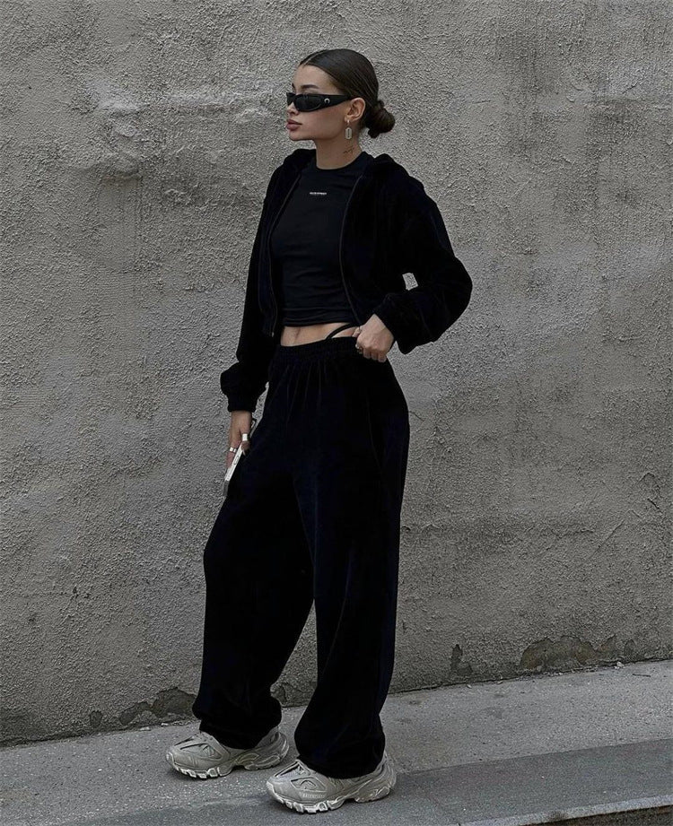 Damen nan Samt-Trainingsanzug zweiteilig mit cropped Kapuzenjacke und hoher Taille Jogginghose Drune