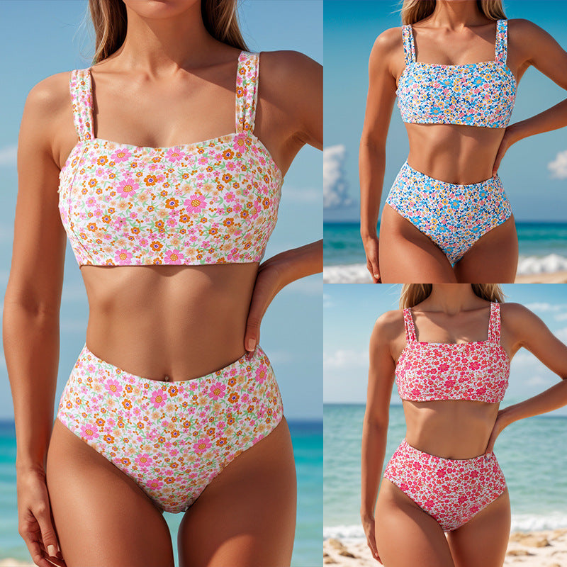 Damen Hochgeschnittener Bikini mit Blumenmuster und breiten Trägern Drune
