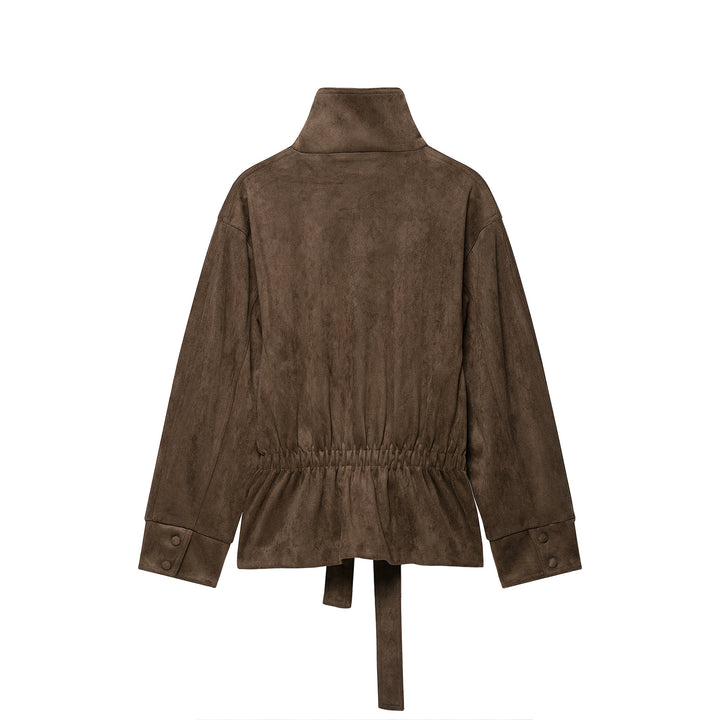 Damen Kurze Veloursleder-Utilityjacke mit hohem Stehkragen und Bindegürtel Drune