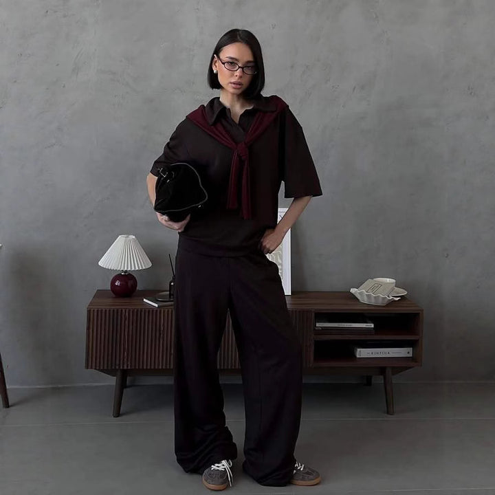 Damen Loungewear-Set mit offenem Polokragen und weiter Komforthose Drune
