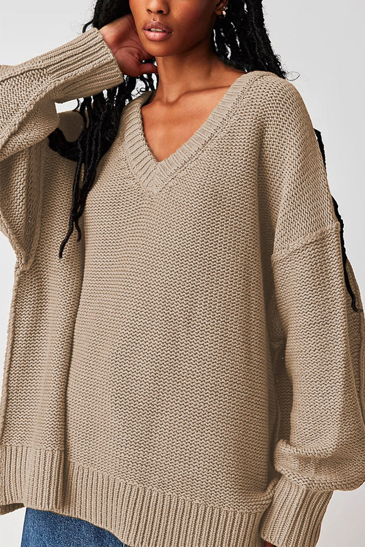 Damen V-Ausschnitt Oversized Pullover mit strukturiertem Strickmuster Drune