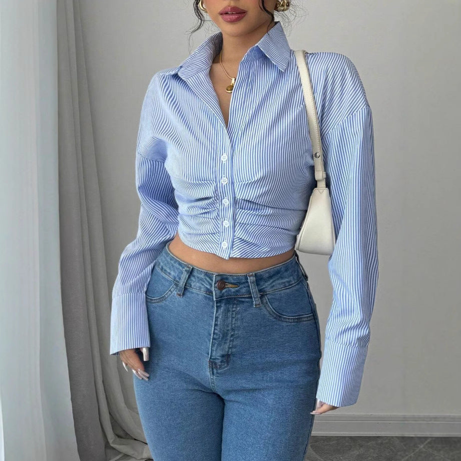Damen modische Bluse mit gerafftem Schnitt und langen Ärmeln Drune