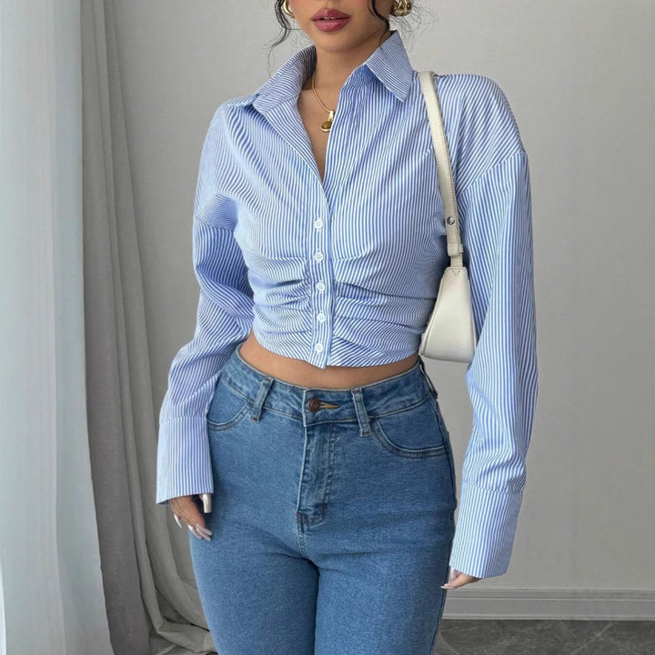 Damen modische Bluse mit gerafftem Schnitt und langen Ärmeln Drune