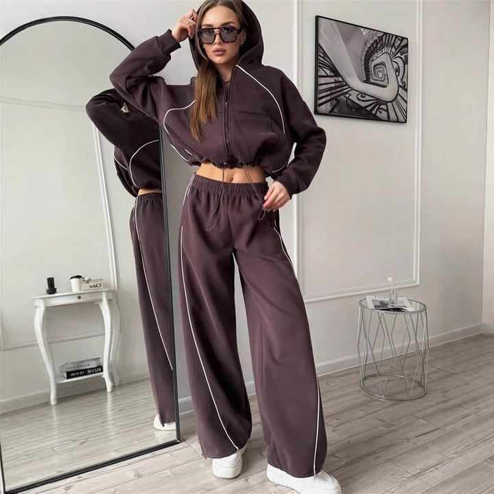 Damen kurzes Kapuzen-Sweatset mit Frontreißverschluss, kontrastierender Paspel und elastischer Highwaist-Jogger Drune