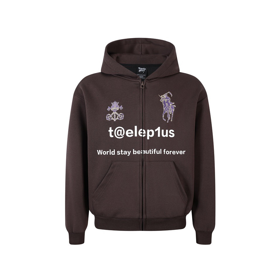 Unisex Kapuzen‑Zipjacke mit gestickten Wappen und Frontprint Drune