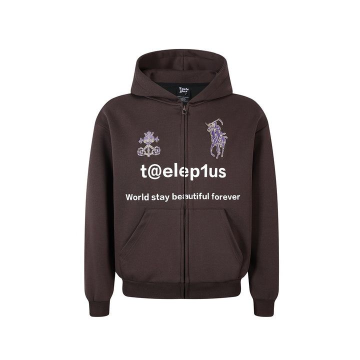 Unisex Kapuzen‑Zipjacke mit gestickten Wappen und Frontprint Drune