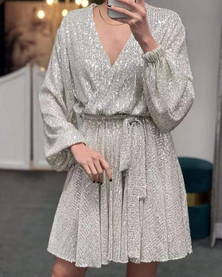 Damen funkelndes Cocktailkleid mit V-Ausschnitt und Taillengürtel Drune