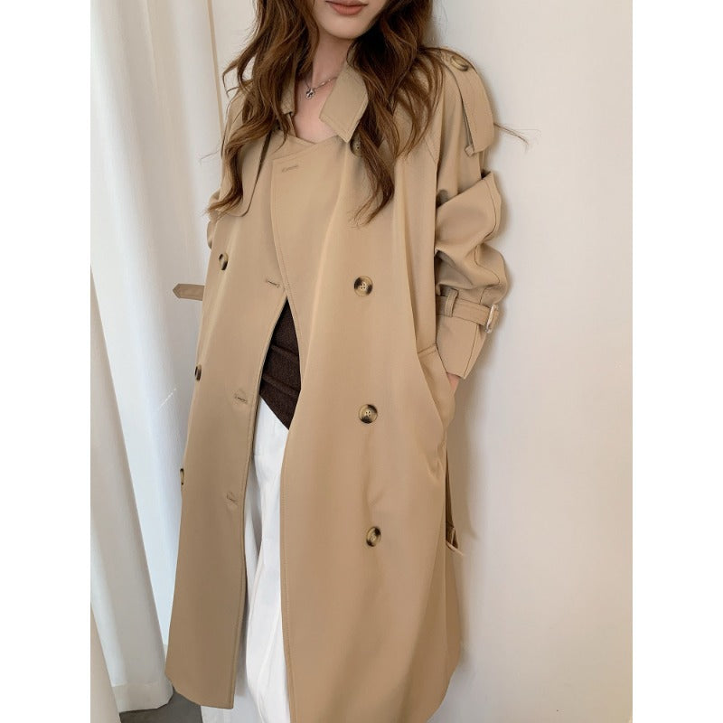 Damen langer doppelreihiger Trenchcoat mit Schulterklappen und Taillengürtel Drune