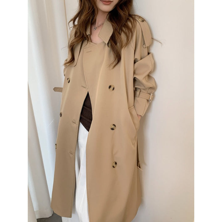 Damen langer doppelreihiger Trenchcoat mit Schulterklappen und Taillengürtel Drune