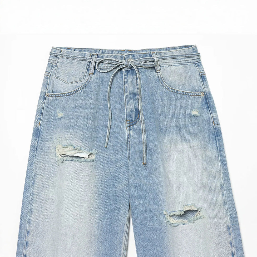 Damen Hochgeschnittene weite Denim-Jeans mit Destroyed-Details und Tunnelzug Drune