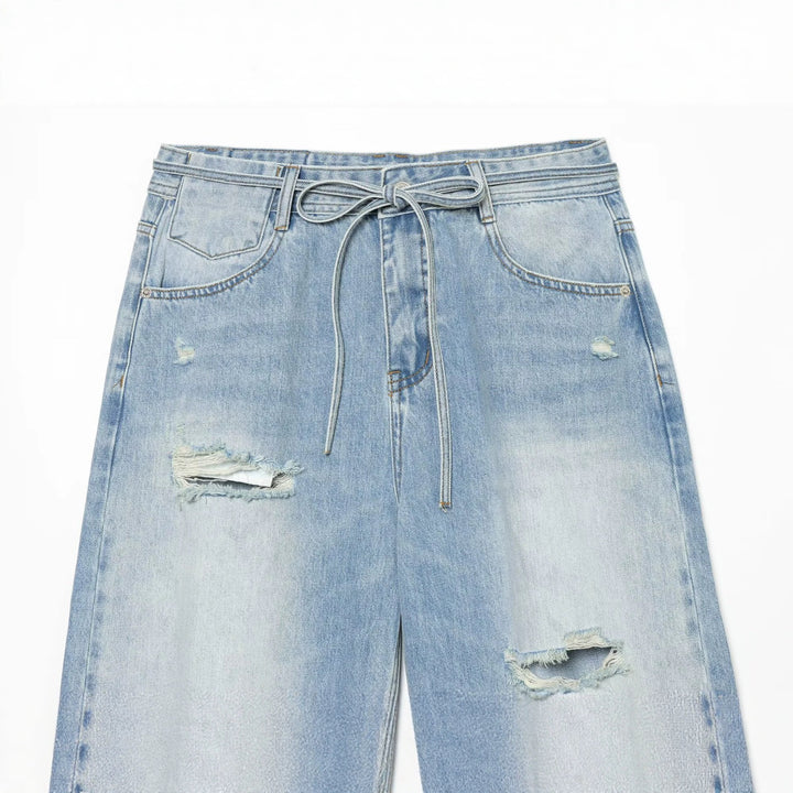 Damen Hochgeschnittene weite Denim-Jeans mit Destroyed-Details und Tunnelzug Drune