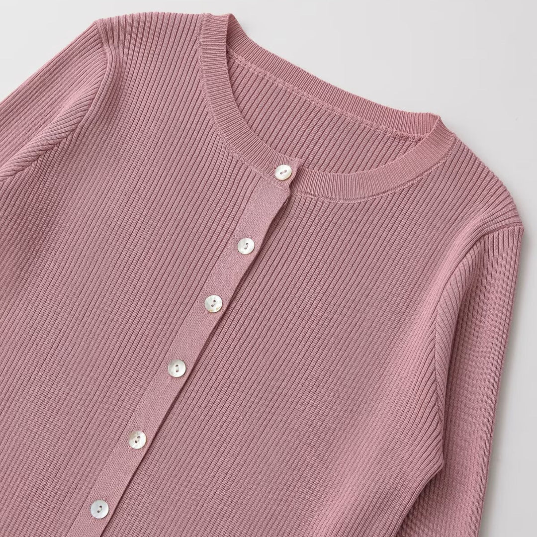 Damen Feinripp-Feinstrick-Cardigan mit durchgehender Knopfleiste und Rundhalsausschnitt Drune