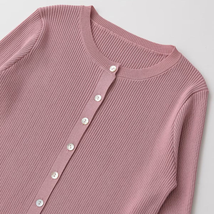 Damen Feinripp-Feinstrick-Cardigan mit durchgehender Knopfleiste und Rundhalsausschnitt Drune