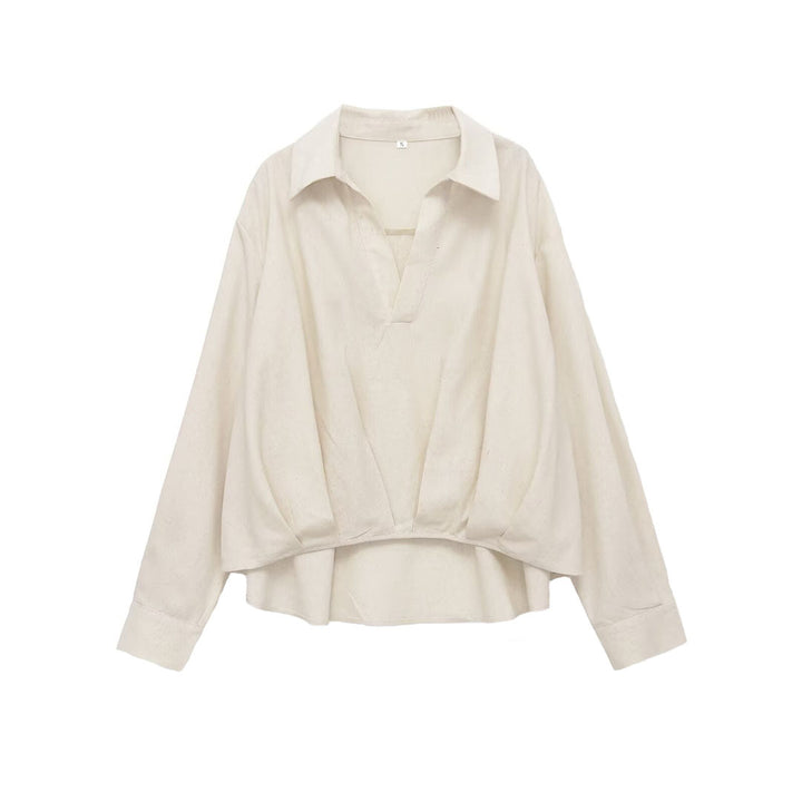 Damen Oversize-Leinenbluse mit offenem V‑Ausschnitt und gerafftem Saum Drune