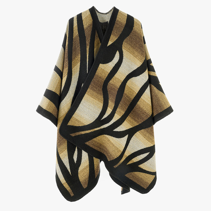 Damen Oversize-Strickcape mit abstrakter Wellenjacquard‑Struktur und kontrastierter Kettelkante Drune