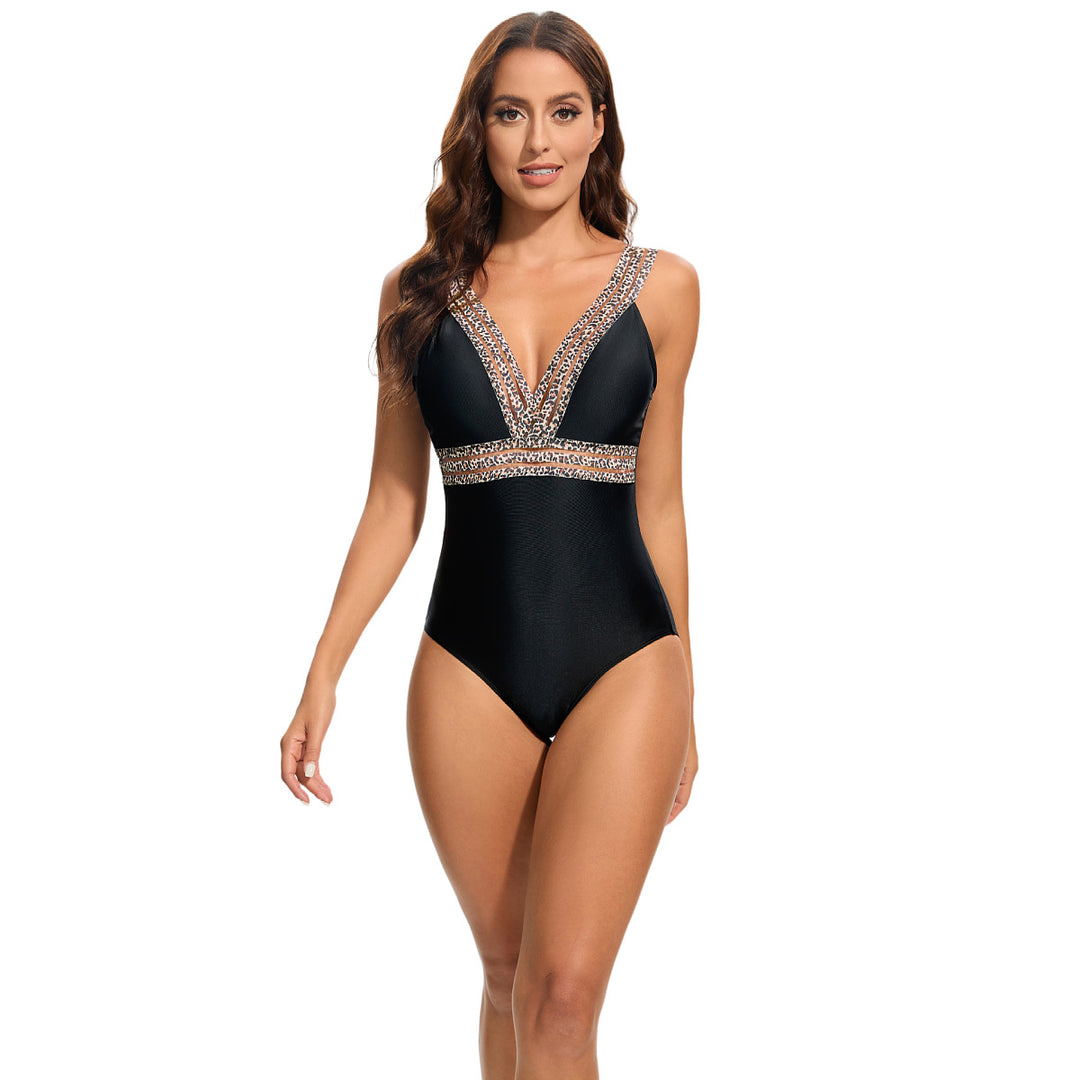 Damen Eleganter Einteiler Badeanzug mit tiefem V-Ausschnitt und funkelnden Akzenten Drune