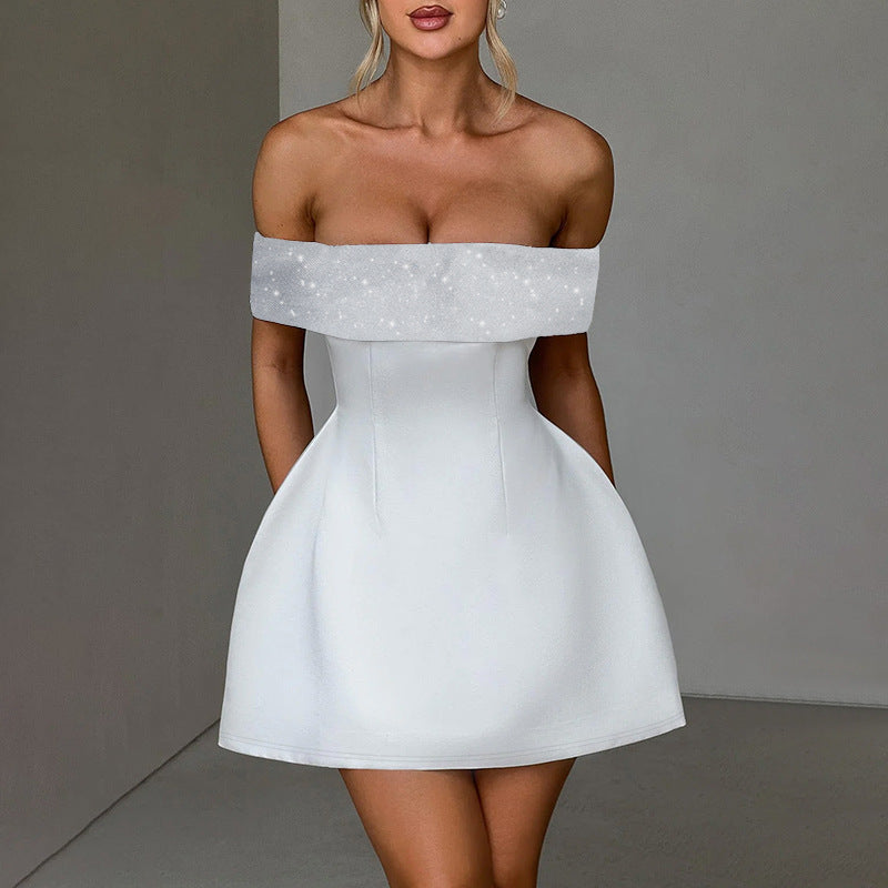 Damen Off-Shoulder Minikleid mit schimmerndem Bustier-Oberteil Drune