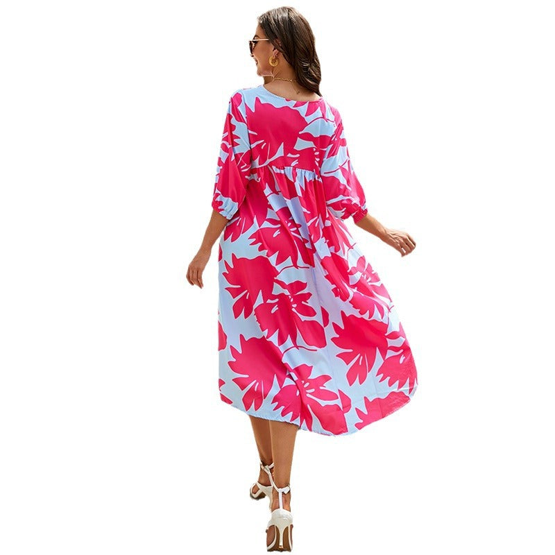Drune | Damen Kleider Boho Print Rundhalsausschnitt Mittelarm Kleid