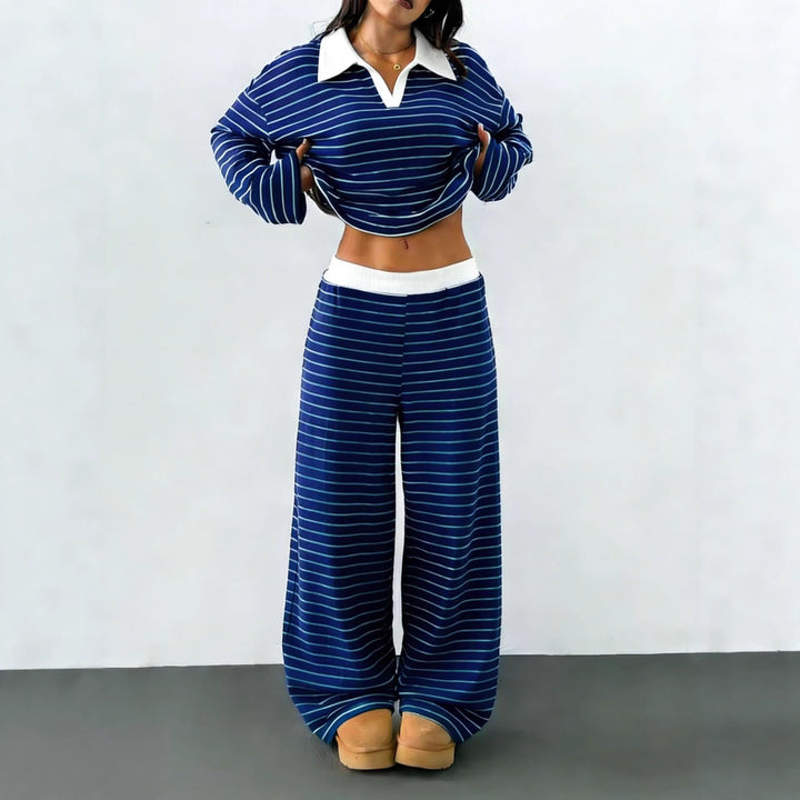 Damen lässiges Streifen-Loungewear-Set mit Kragen Drune