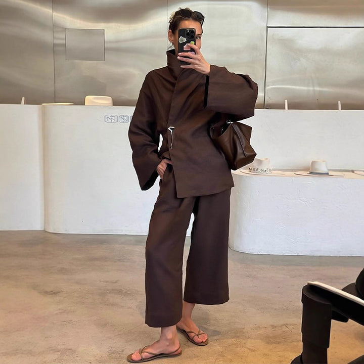 Damen Oversized Wickelblazer mit Sicherheitsnadel & weiter Anzughose Drune
