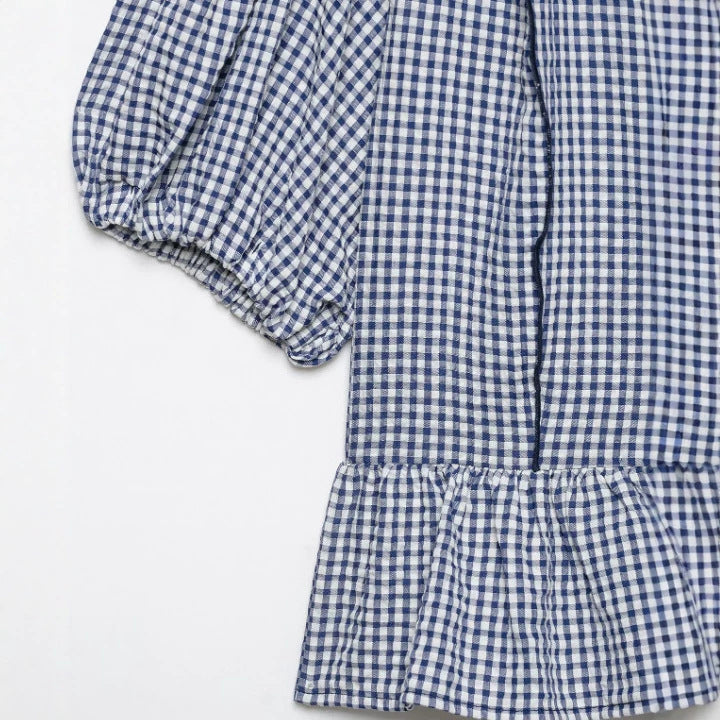 Damen Gingham‑Bluse mit V‑Ausschnitt, Puffärmeln und Volantbesatz Drune