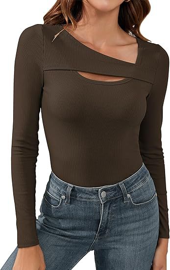 Damen Geripptes Langarmshirt mit asymmetrischem Carmenausschnitt und Brust-Cut-Out Drune