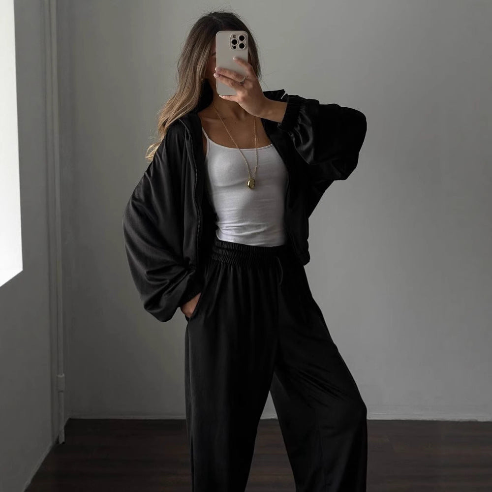 Damen lässiges Lounge-Zweiteiler Set mit Oversize Zipjacke und weitem Bundhose Drune