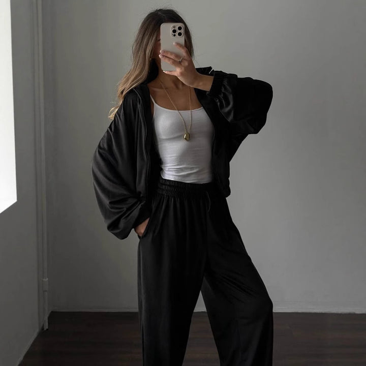 Damen lässiges Lounge-Zweiteiler Set mit Oversize Zipjacke und weitem Bundhose Drune