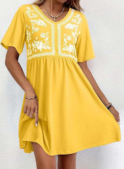 Damen Besticktes Empire-Kleid mit V-Ausschnitt, Kurzärmeln und ausgestelltem Rock Drune