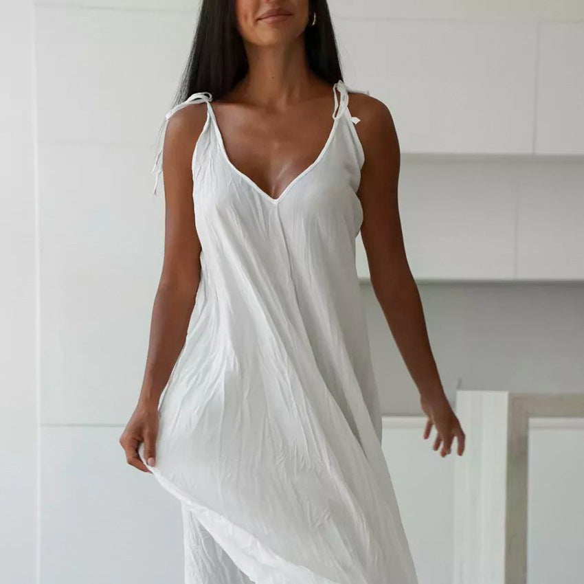 Drune | Damen Weiß Loose Idle Lange Slip Nachthemd Lässige Bequeme Oberbekleidung Hausbekleidung