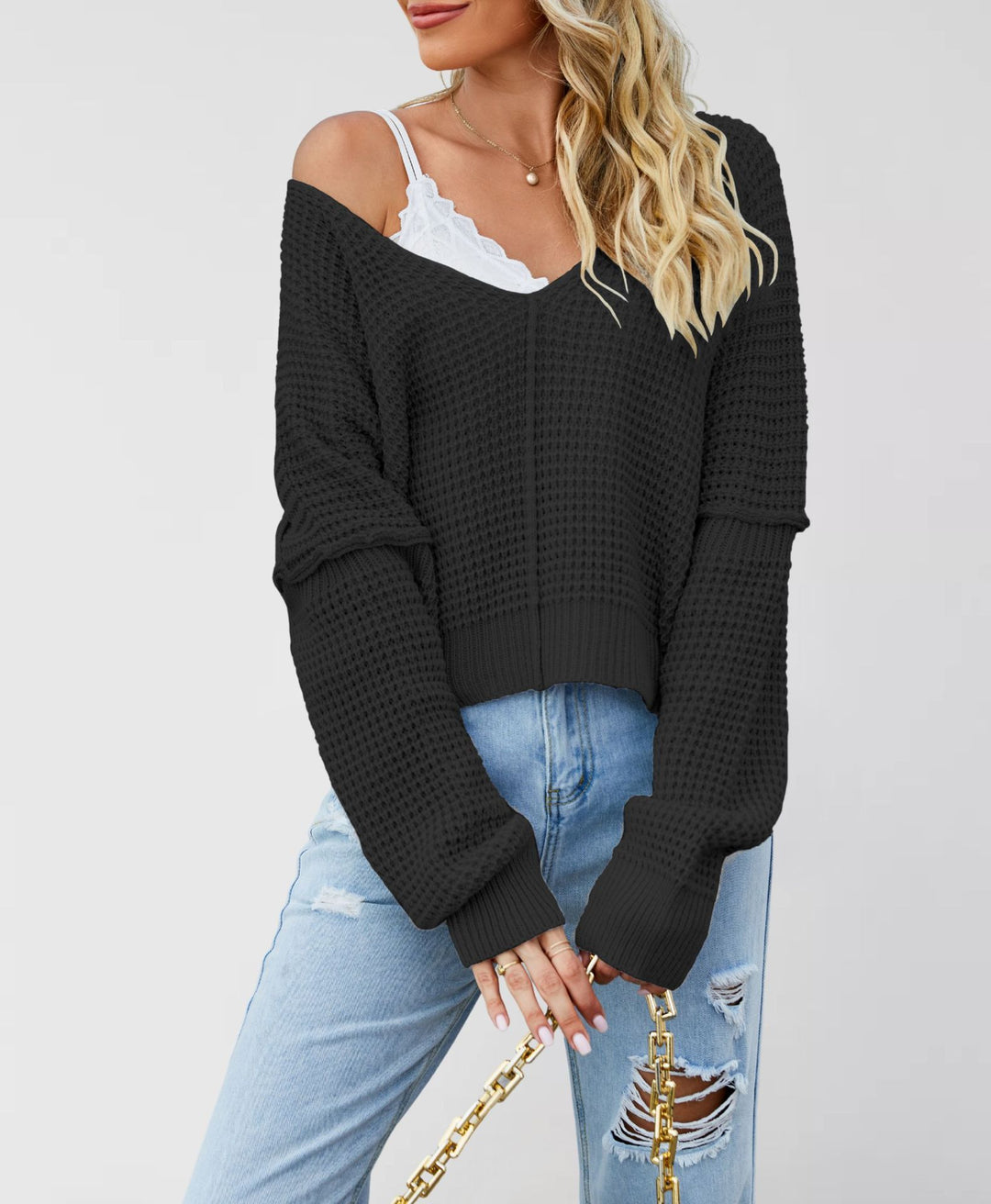 Damen lässiger V-Ausschnitt Strickpullover mit offenen Schultern und strukturiertem Design Drune