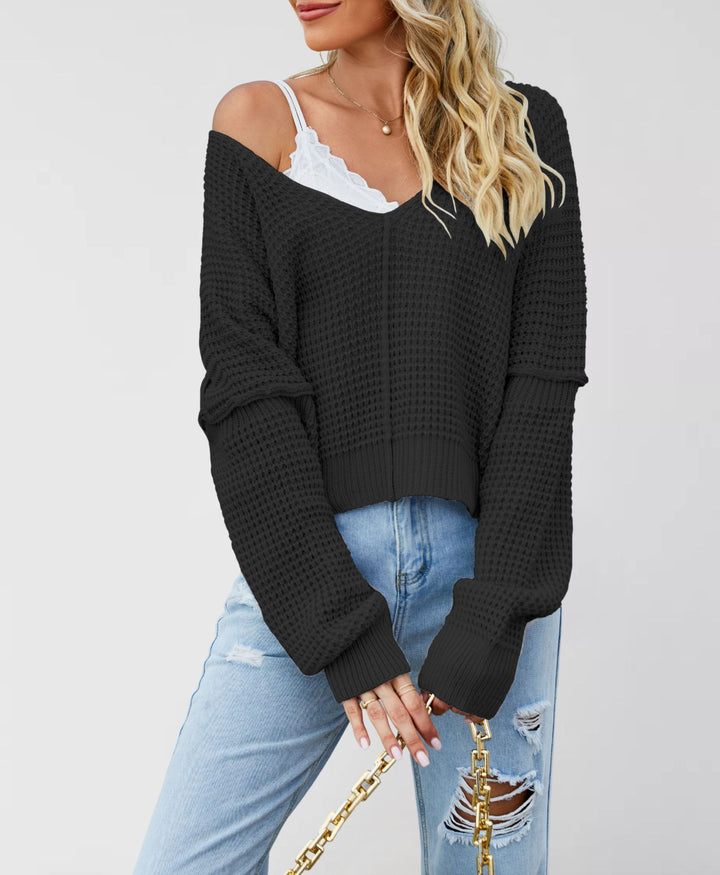 Damen lässiger V-Ausschnitt Strickpullover mit offenen Schultern und strukturiertem Design Drune