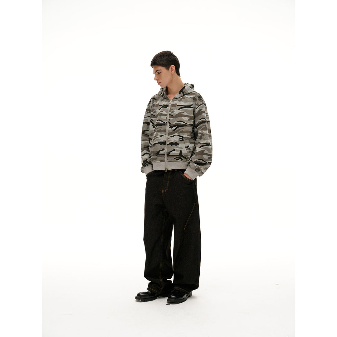 Unisex Oversize-Kapuzenjacke mit durchgehendem Reißverschluss und Camouflage-Print Drune