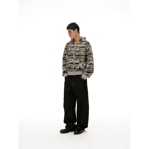 Unisex Oversize-Kapuzenjacke mit durchgehendem Reißverschluss und Camouflage-Print Drune